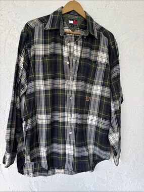 Tommy Hilfiger Green and White Plaid Button-Down Shirt